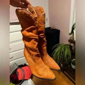 Burnt Orange Genuine Suede Slouch Cowboy Boots Like-New Vintage Sz 9